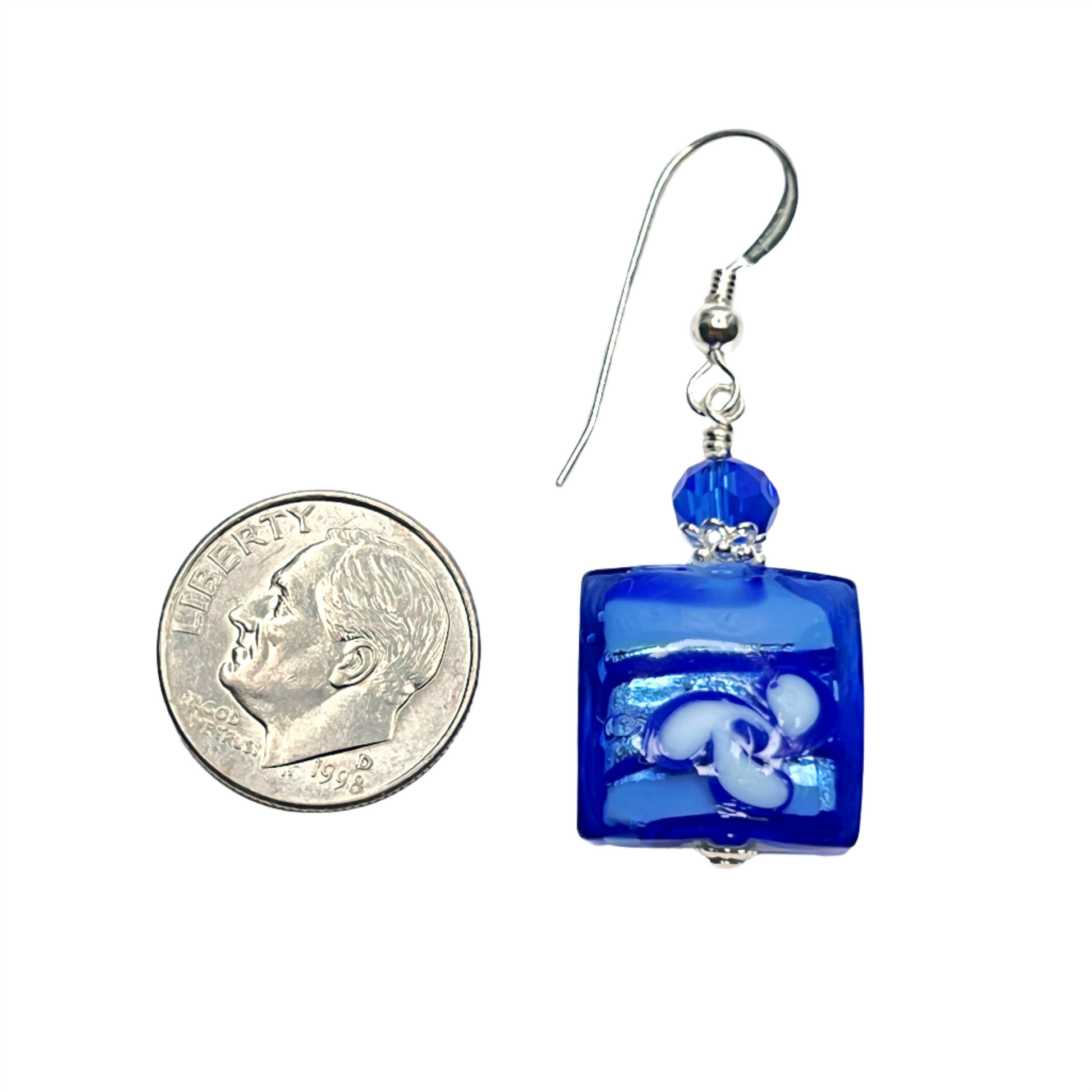 Murano glass blue square white flower silver earrings
