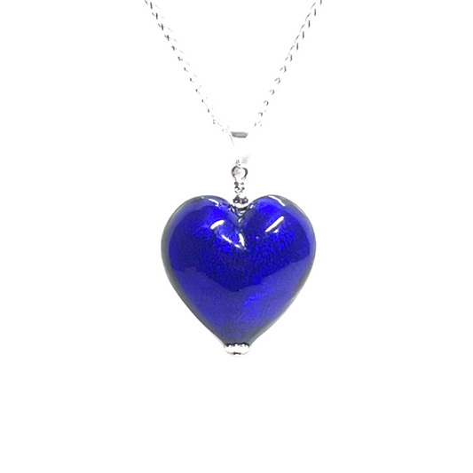 Blue heart-shaped pendant on a silver chain against a white background
