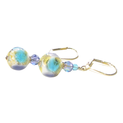 Murano Glass Aqua Plum Ball Gold Earrings