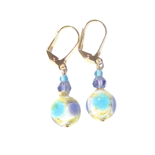 Murano Glass Aqua Plum Ball Gold Earrings