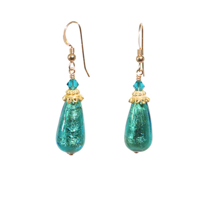 Murano Glass Aqua Green Teardrop Gold Earrings
