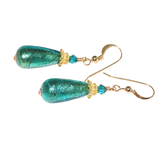 Murano Glass Aqua Green Teardrop Gold Earrings
