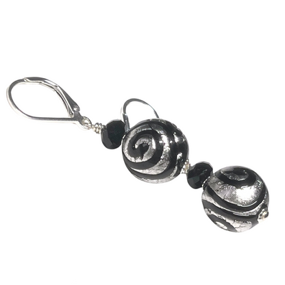 Murano Glass Black White Gold Swirl Ball Silver Earrings