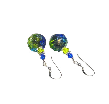 Murano Glass Dark Blue Green Glacier Ball Sterling Silver Earrings