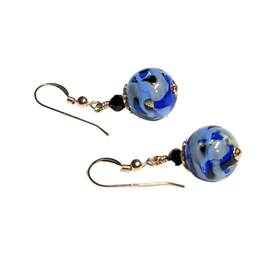 Murano Glass Blue Black Swirl Abstract Ball Gold Earrings