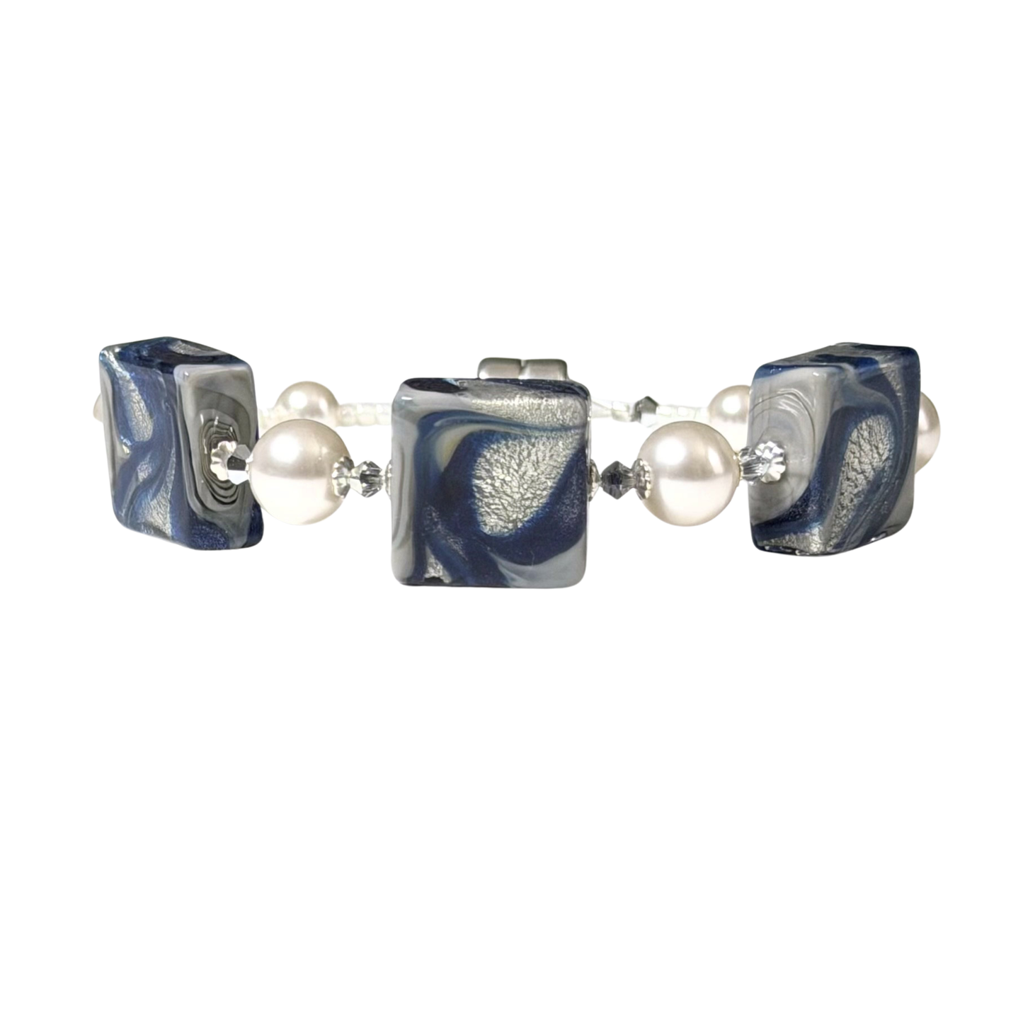 Blue Gray Murano Glass Swarovski® Pearl Sterling Silver Bracelet