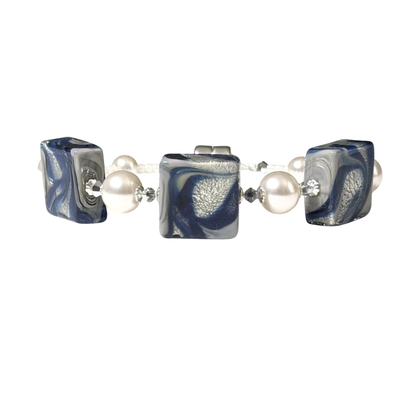 Blue Gray Murano Glass Swarovski® Pearl Sterling Silver Bracelet