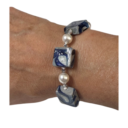 Blue Gray Murano Glass Swarovski® Pearl Sterling Silver Bracelet