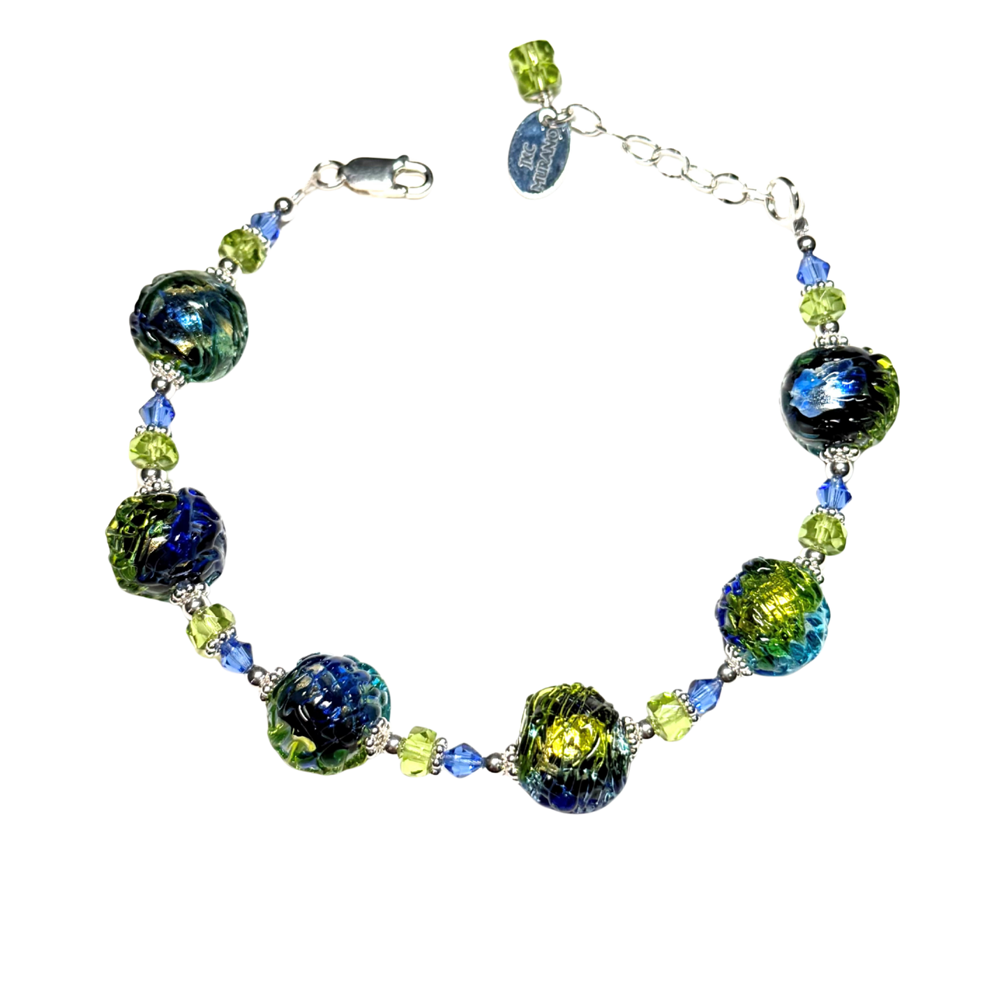 Murano Glass Blue Green Glacier Sterling Silver Bracelet