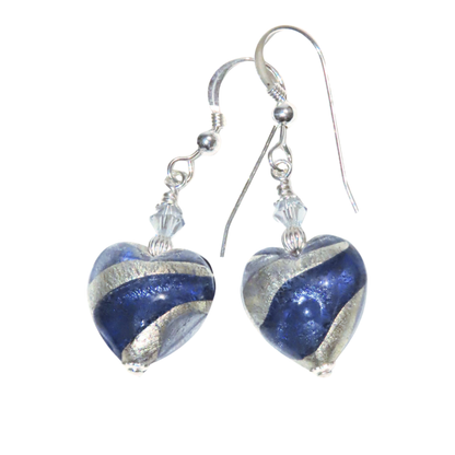 Murano Glass Dark Blue Swirl Heart Silver Earrings