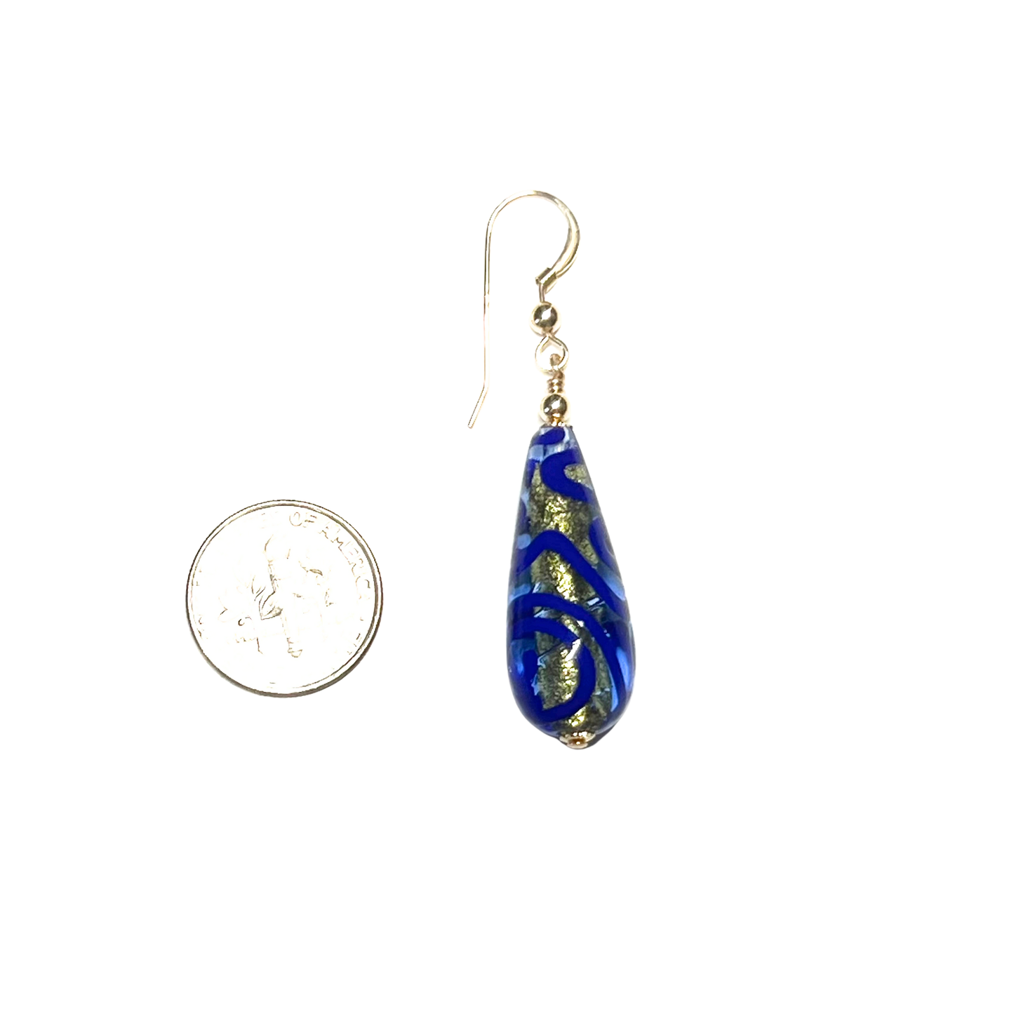 Murano Glass Blue Medusa Long Teardrop Gold Earrings