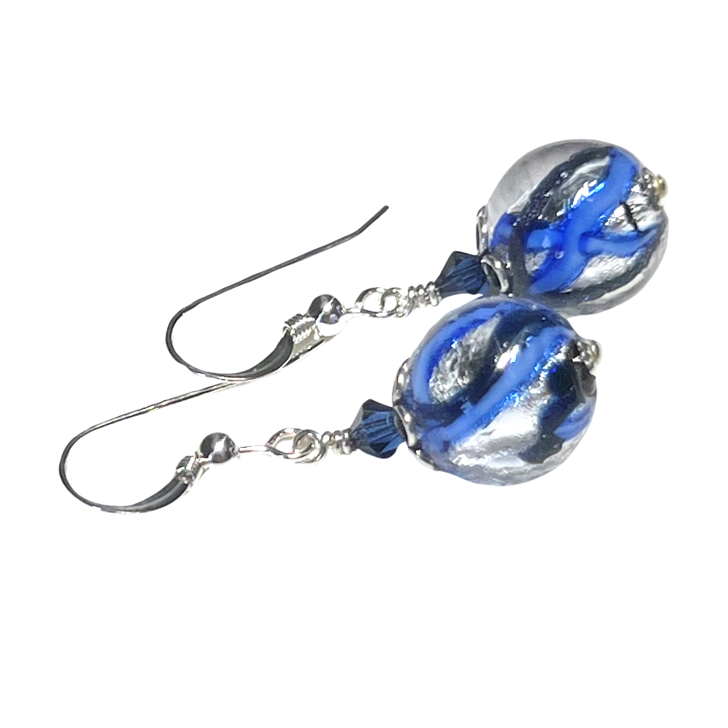 Murano Glass Blue Water Swirl Ball Sterling Silver Earrings