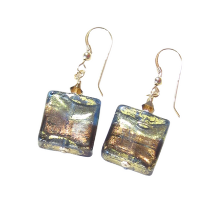 Pair of square-shaped earrings with brown green finish on a white background