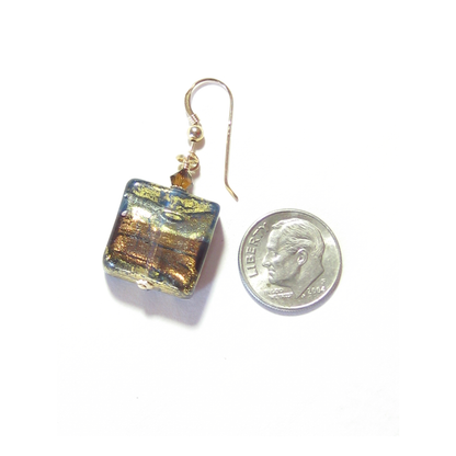 Square glass earring with gold hook next to a dime for scale on a white background