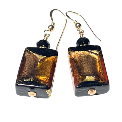 Murano Glass Black Brown Topaz Rectangle Gold Earrings