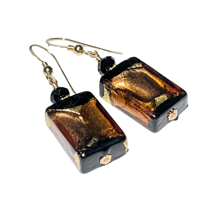 Murano Glass Black Brown Topaz Rectangle Gold Earrings