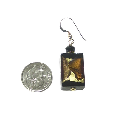 Murano Glass Black Brown Topaz Rectangle Gold Earrings