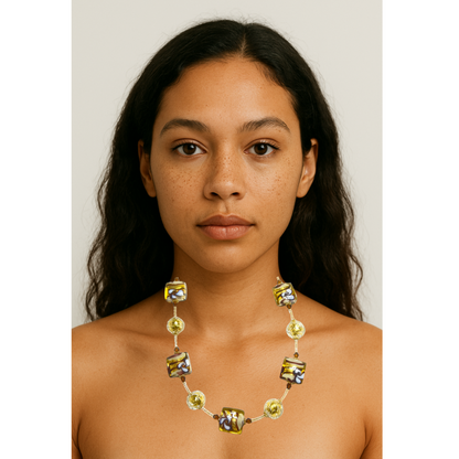 Murano Glass Italian Brown Square Flower Gold Necklace