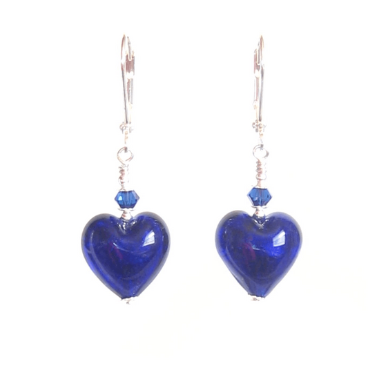 Pair of blue heart-shaped earrings on a white background