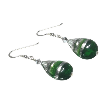 Murano Italian Glass Emerald Teardrop Silver Earrings