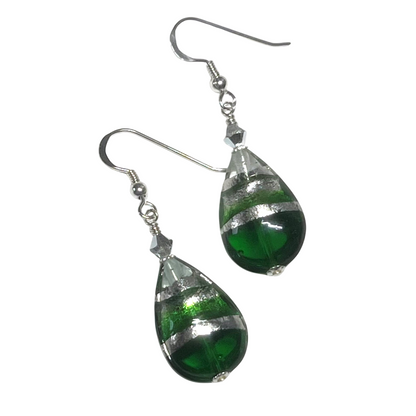 Murano Italian Glass Emerald Teardrop Silver Earrings