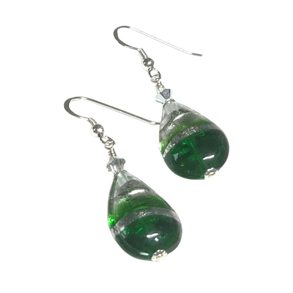 Murano Italian Glass Emerald Teardrop Silver Earrings