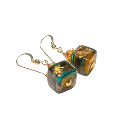 Murano Glass Fiesta Cube Dangle Gold Earrings