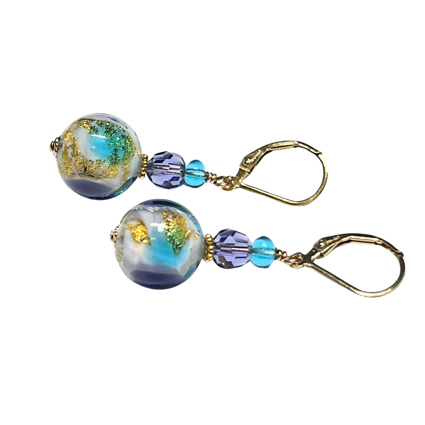 Murano Glass Aqua Plum Ball Gold Earrings