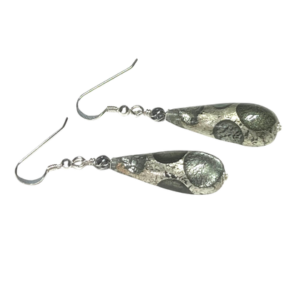 Murano Glass Gray Dot Teardrop Sterling Silver Earrings