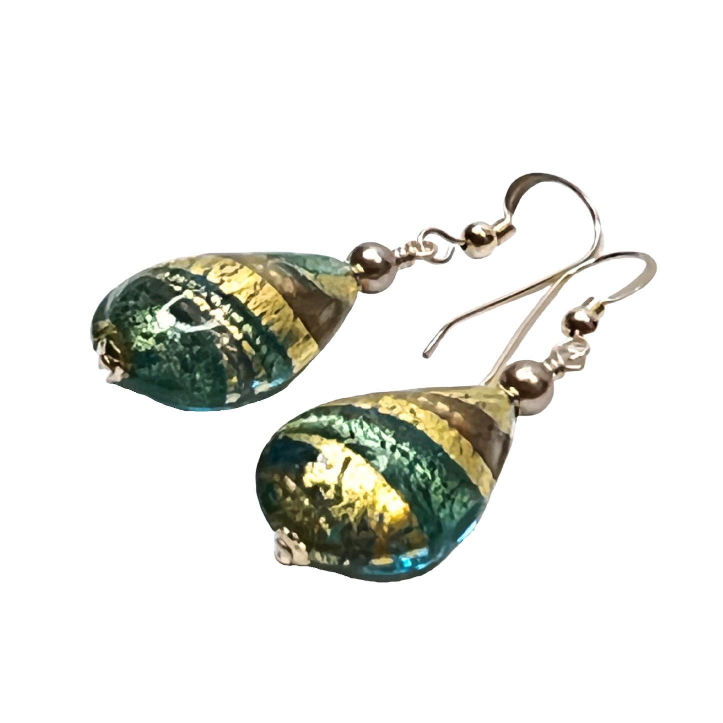 Murano Green Swirl Teardrop Gold Earrings by JKC Murano