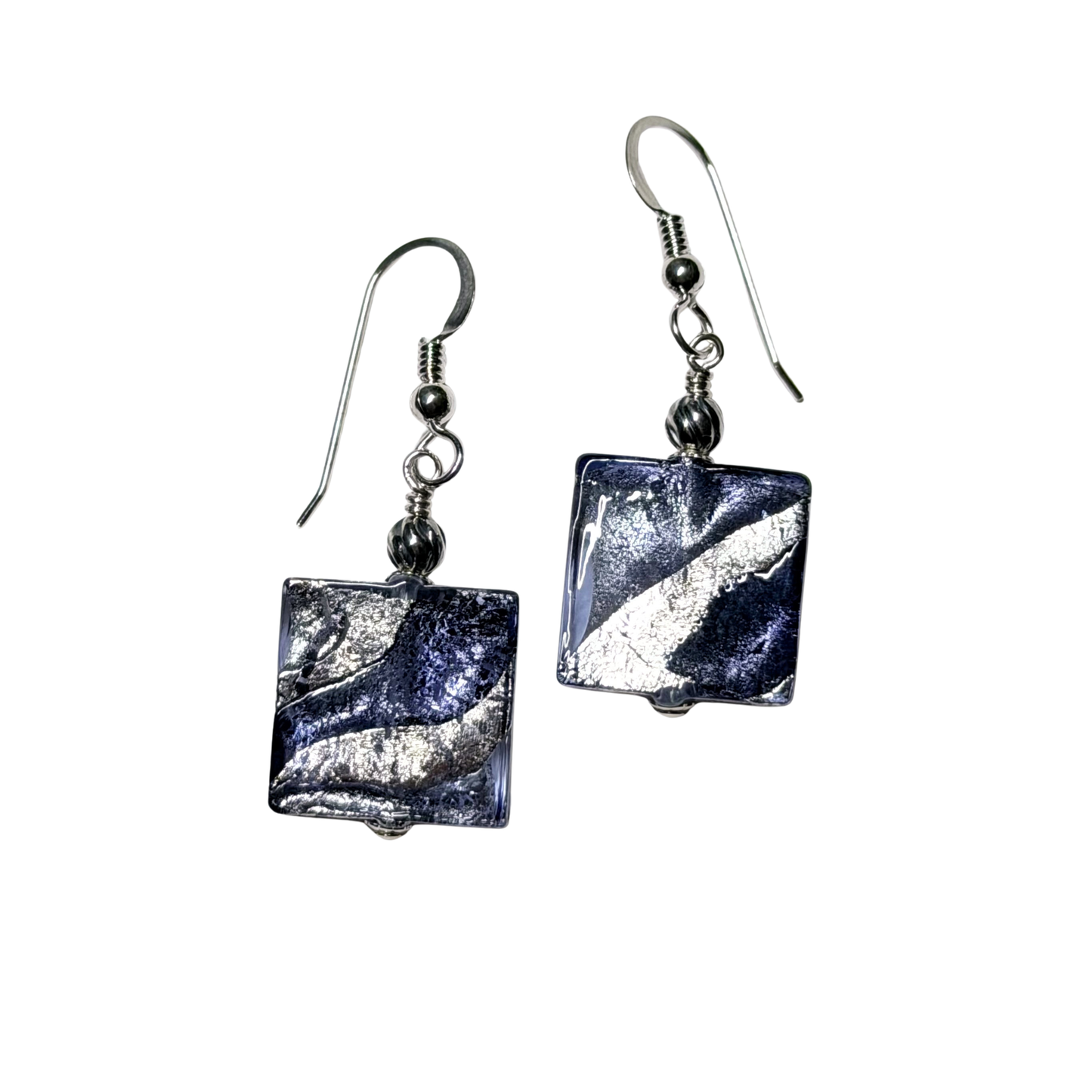 Murano Blue Ink Swirl Square Silver Earrings