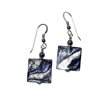 Murano Blue Ink Swirl Square Silver Earrings