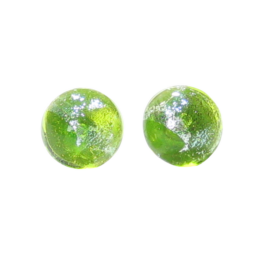 Murano Glass Lime Green Silver Dichroic Button Earrings, Sterling Silver Stud Earrings