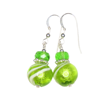 Murano Glass Lime Green Swirl Ball Silver Earrings
