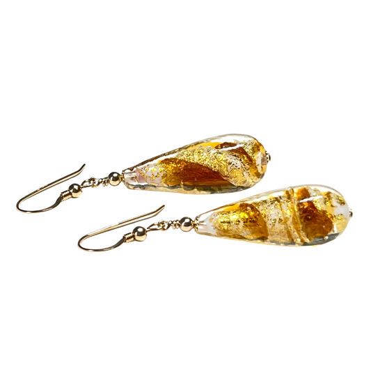 Murano Glass Topaz Swirl Teardrop Long Gold Earrings