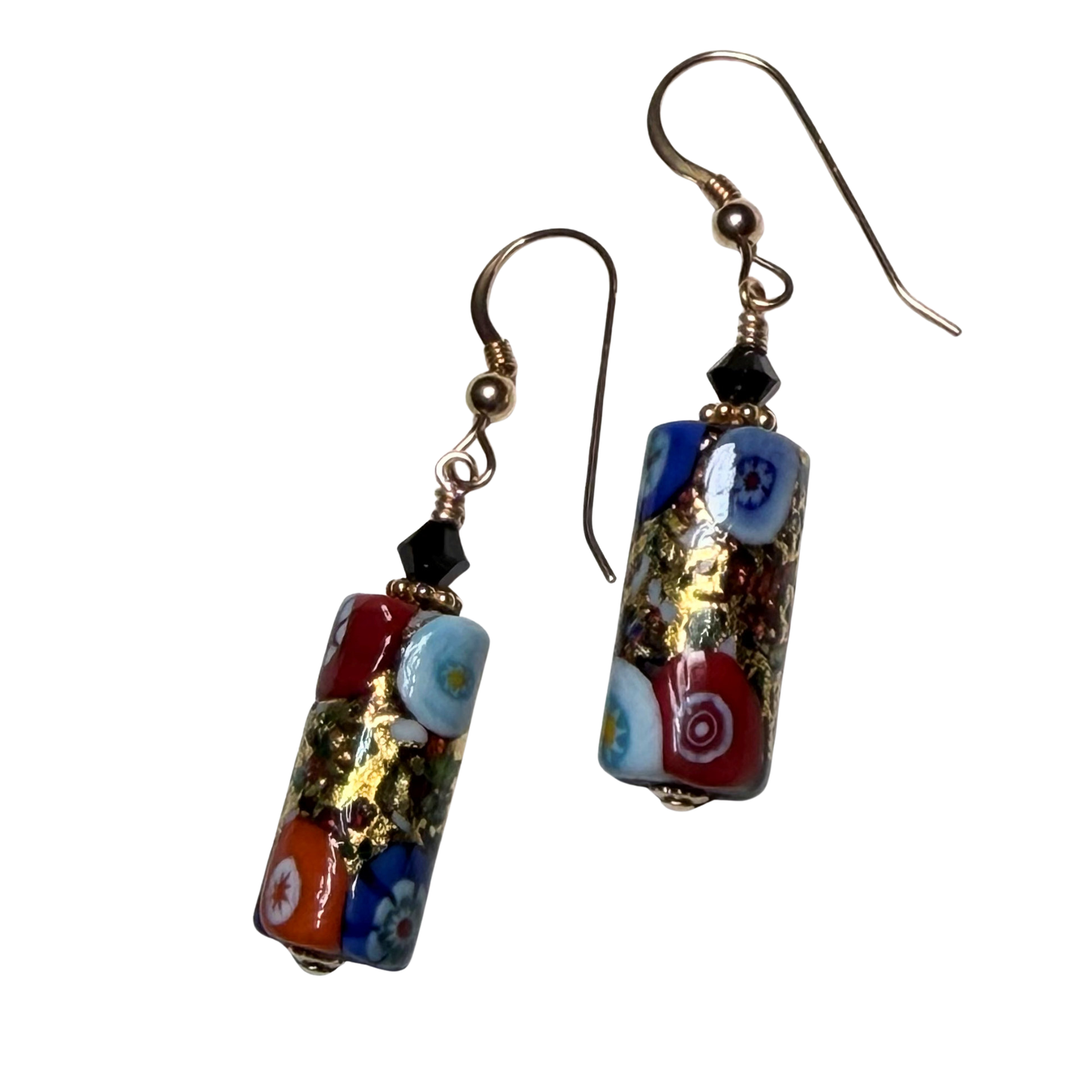 Colorful Murano Glass Black Millefiori Tube Gold Earrings