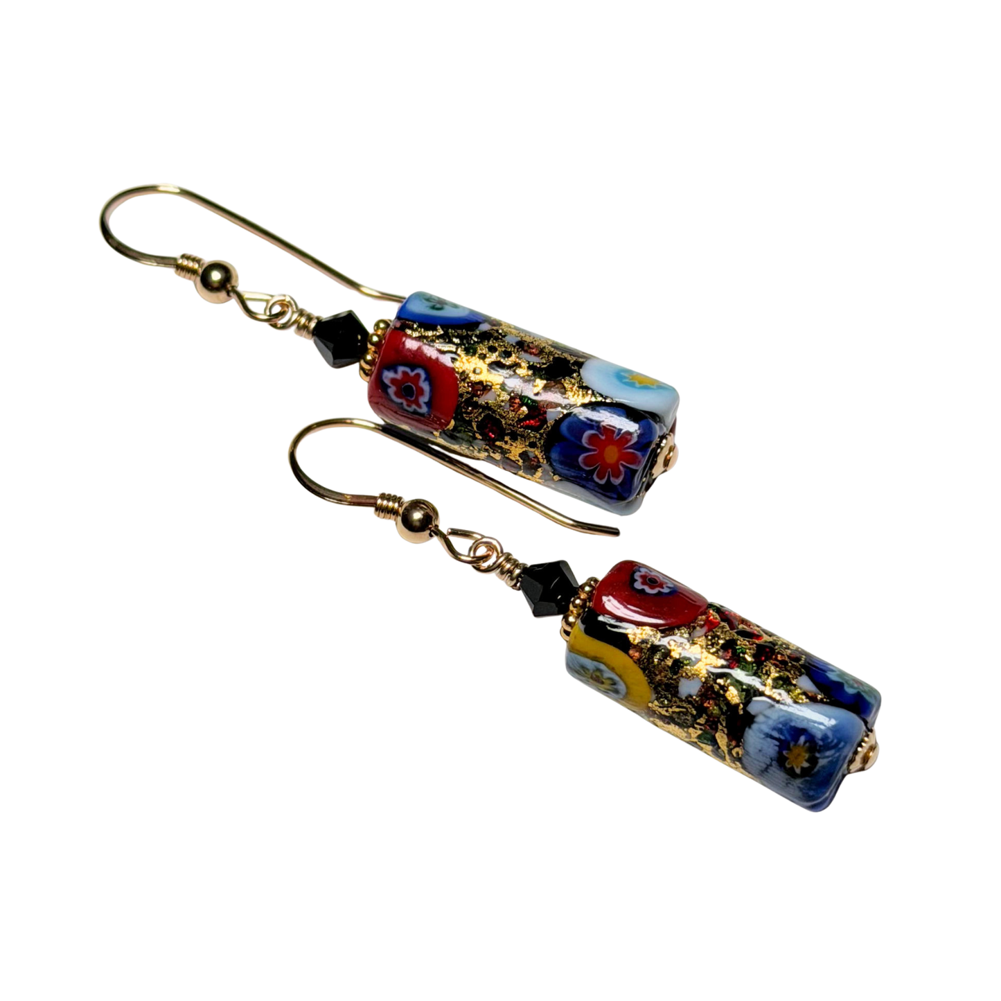Colorful Murano Glass Black Millefiori Tube Gold Earrings