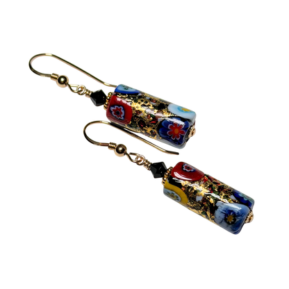 Colorful Murano Glass Black Millefiori Tube Gold Earrings