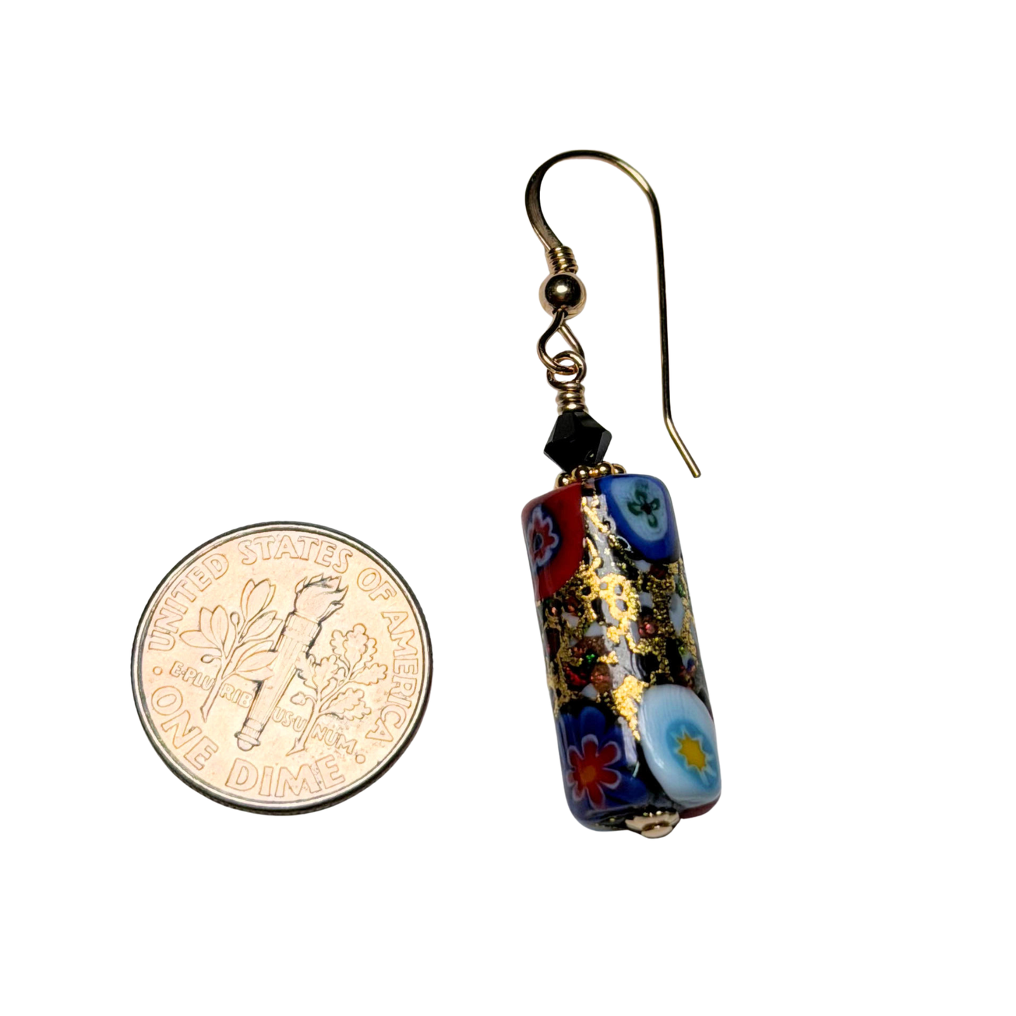 Colorful Murano Glass Black Millefiori Tube Gold Earrings