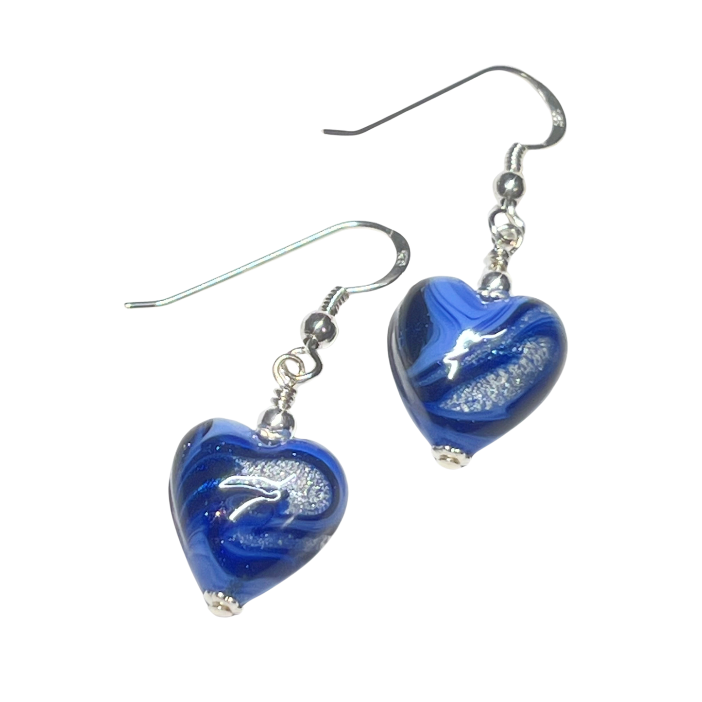 Italian Murano Glass Heart Earrings – Periwinkle & Dark Blue White Gold Silver Earrings