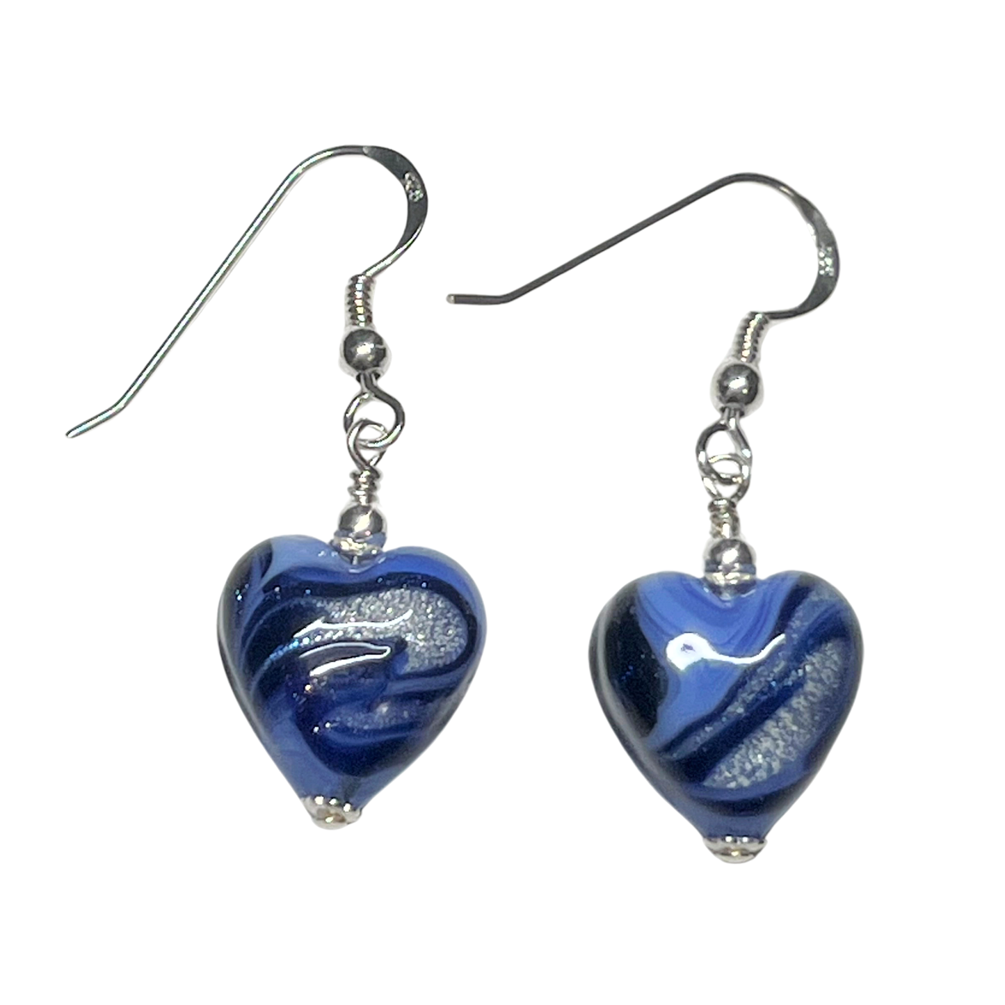 Italian Murano Glass Heart Earrings – Periwinkle & Dark Blue White Gold Silver Earrings