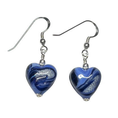 Italian Murano Glass Heart Earrings – Periwinkle & Dark Blue White Gold Silver Earrings