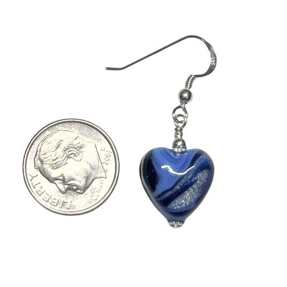 Italian Murano Glass Heart Earrings – Periwinkle & Dark Blue White Gold Silver Earrings