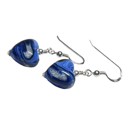 Italian Murano Glass Heart Earrings – Periwinkle & Dark Blue White Gold Silver Earrings