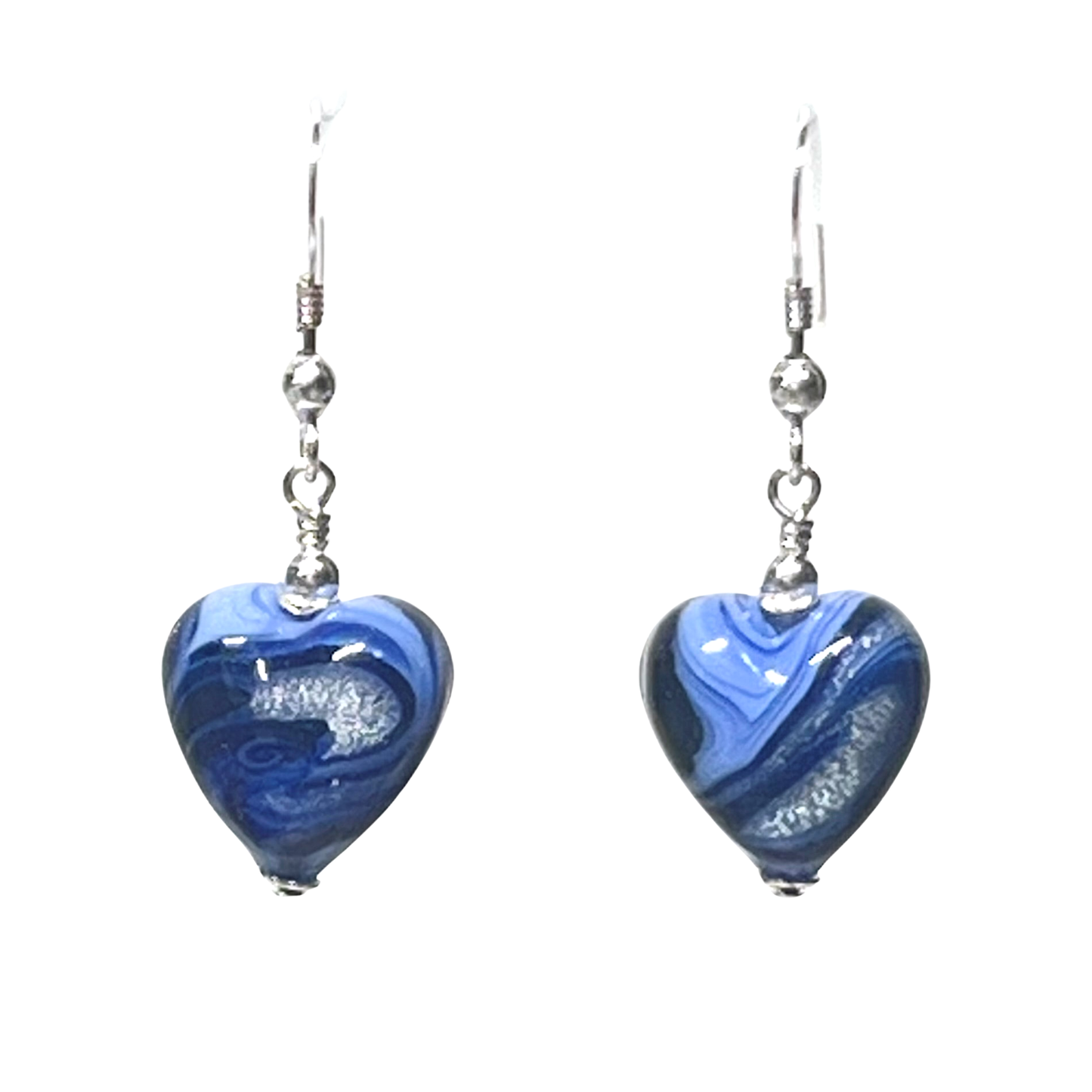 Italian Murano Glass Heart Earrings – Periwinkle & Dark Blue White Gold Silver Earrings