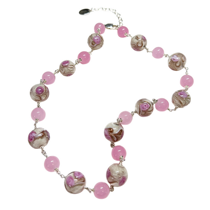 Murano pink roses ball sterling silver necklace