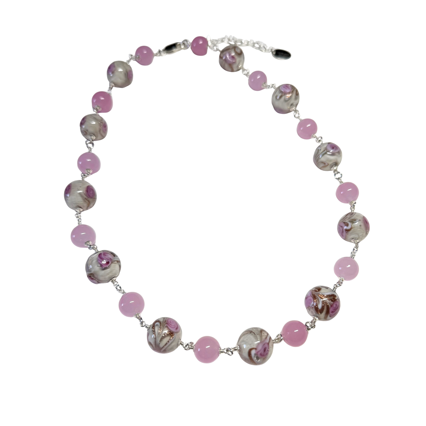Murano Glass Pink Roses Wire Wrapped Sterling Silver Necklace