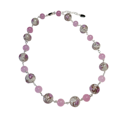 Murano Glass Pink Roses Wire Wrapped Sterling Silver Necklace