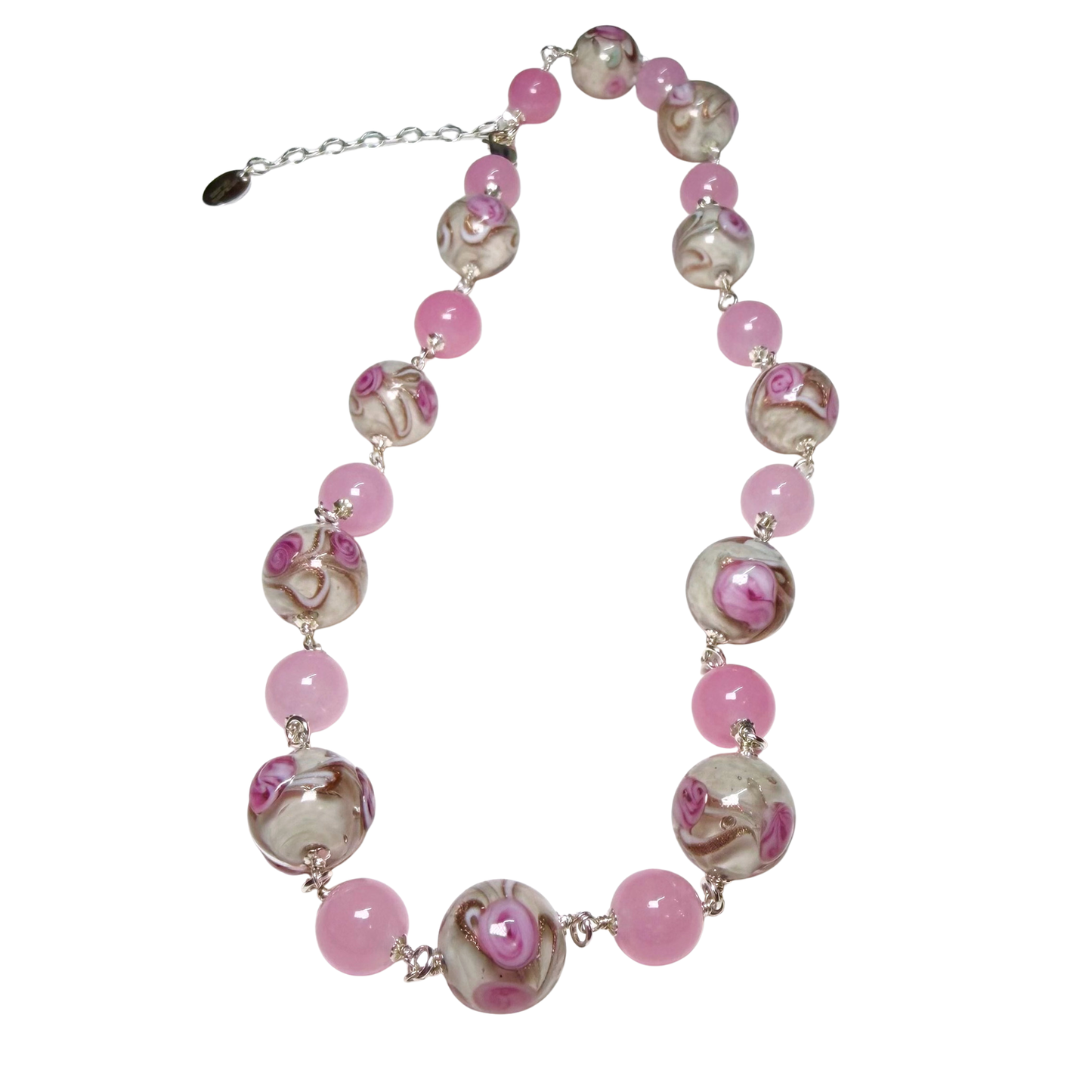 Murano Glass Pink Roses Wire Wrapped Sterling Silver Necklace