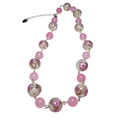 Murano Glass Pink Roses Wire Wrapped Sterling Silver Necklace